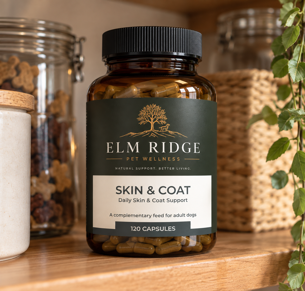 Elm Ridge Skin & Coat dog supplement with omega 3, 6 and 9 fatty acids and vitamin E